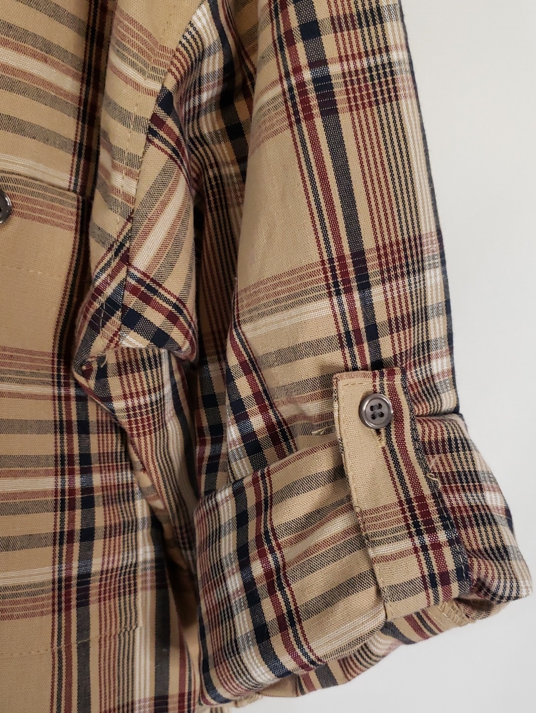 Max Studio Tan And Brown Plaid Button-Down Roll Tab Sleeve Shirt — image 3 of 6